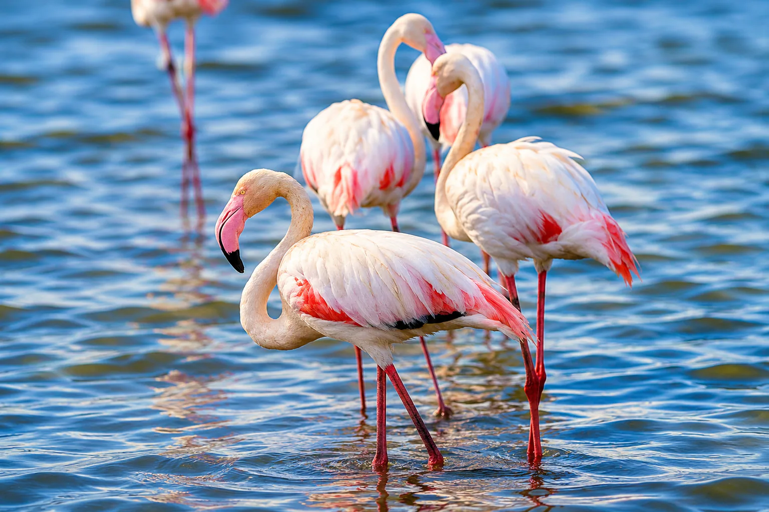 Pink flamingos wading through blue lake water